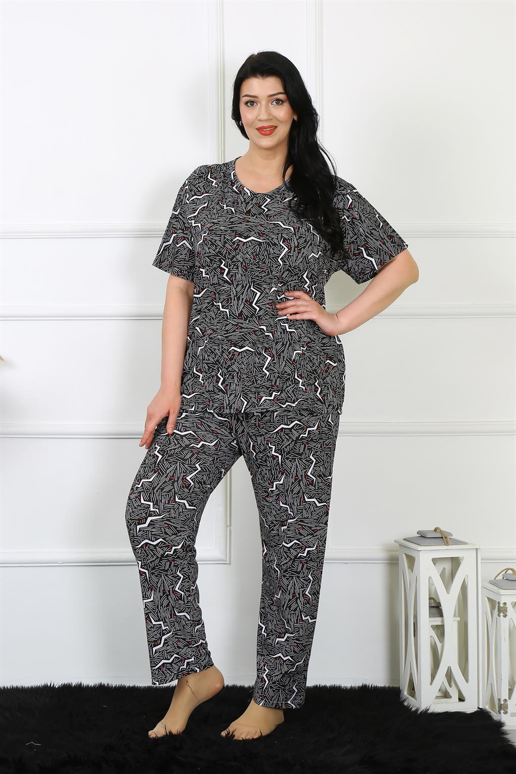 Moda Çizgi Kadın 5XL-6XL-7XL-8XL Büyük Beden Kısa Kol Pijama Takım 75011 - 7XL | Siyah