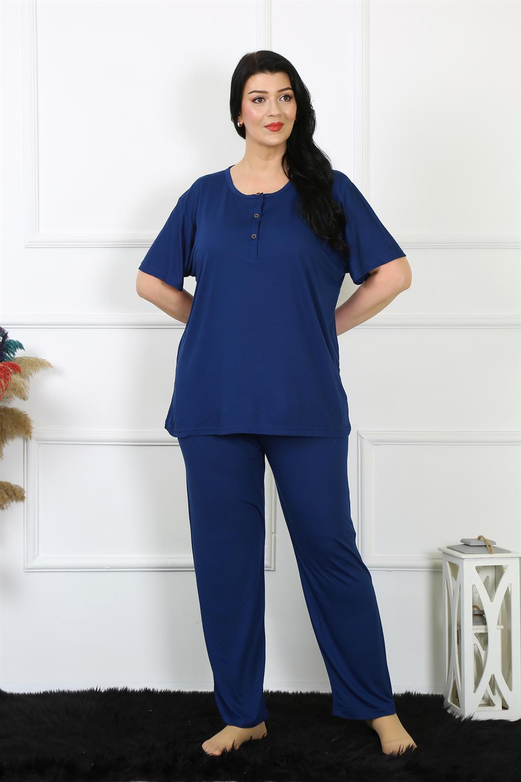 Moda Çizgi Kadın 5XL-6XL-7XL-8XL Büyük Beden Lacivert Kısa Kol Pijama Takım 75012 - 7XL | Lacivert