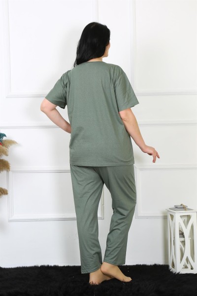 Moda Çizgi Kadın 5XL-6XL-7XL-8XL Büyük Beden Yeşil Kısa Kol Pijama Takım 75012 - Thumbnail