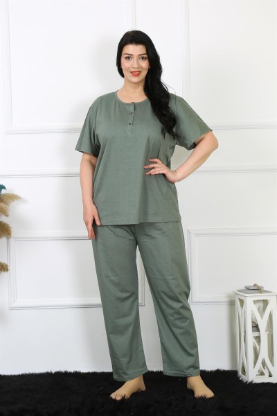 Moda Çizgi Kadın 5XL-6XL-7XL-8XL Büyük Beden Yeşil Kısa Kol Pijama Takım 75012 - Thumbnail