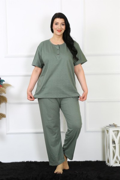Moda Çizgi Kadın 5XL-6XL-7XL-8XL Büyük Beden Yeşil Kısa Kol Pijama Takım 75012 - Thumbnail