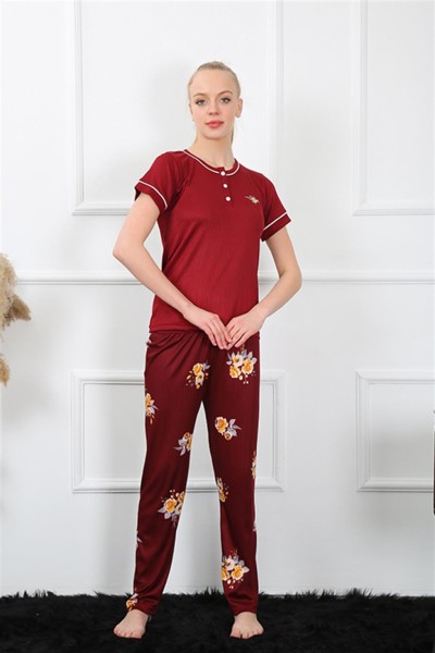 Moda Çizgi Kadın Bordo Kısa Kol Pijama Takım 20388 - Thumbnail