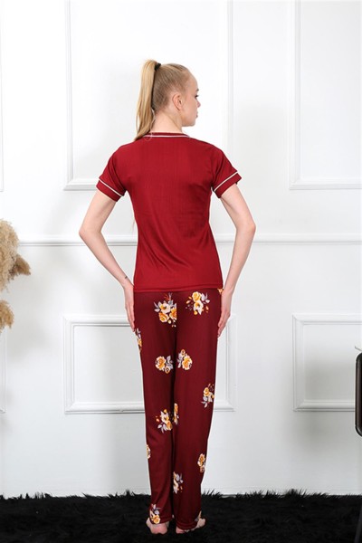 Moda Çizgi Kadın Bordo Kısa Kol Pijama Takım 20388 - Thumbnail