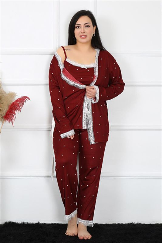 Moda Çizgi Kadın Büyük Beden Bordo 3'lü Sabahlık Takım 7720 - 1