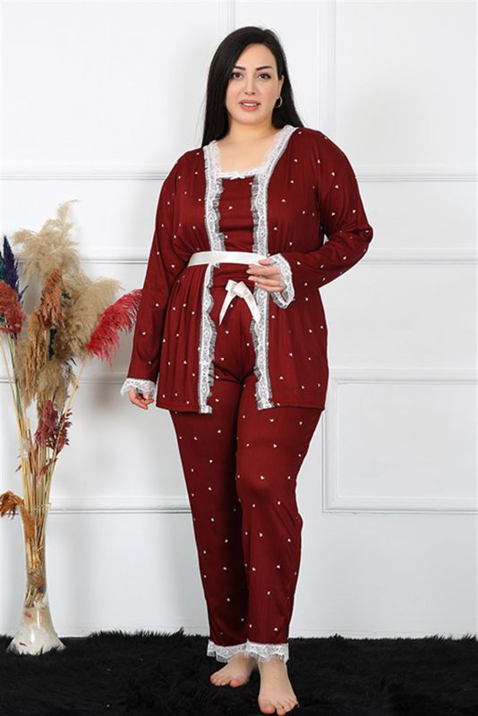 Moda Çizgi Kadın Büyük Beden Bordo 3'lü Sabahlık Takım 7720 - 3