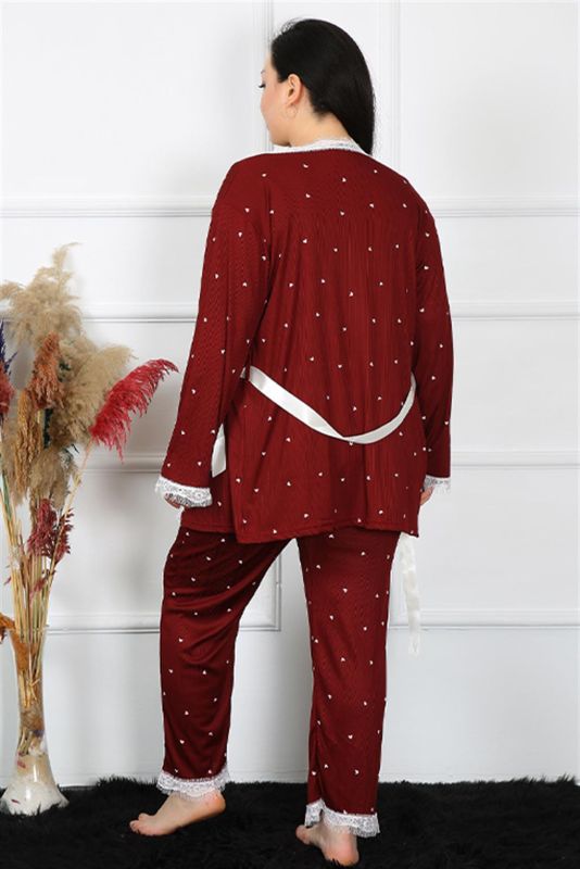 Moda Çizgi Kadın Büyük Beden Bordo 3'lü Sabahlık Takım 7720 - 4