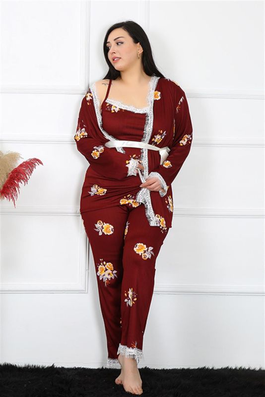 Moda Çizgi Kadın Büyük Beden Çiçekli 3'lü Sabahlık Takım 7720 - 1