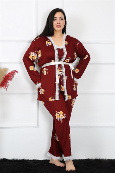 Moda Çizgi Kadın Büyük Beden Çiçekli 3'lü Sabahlık Takım 7720 - Thumbnail