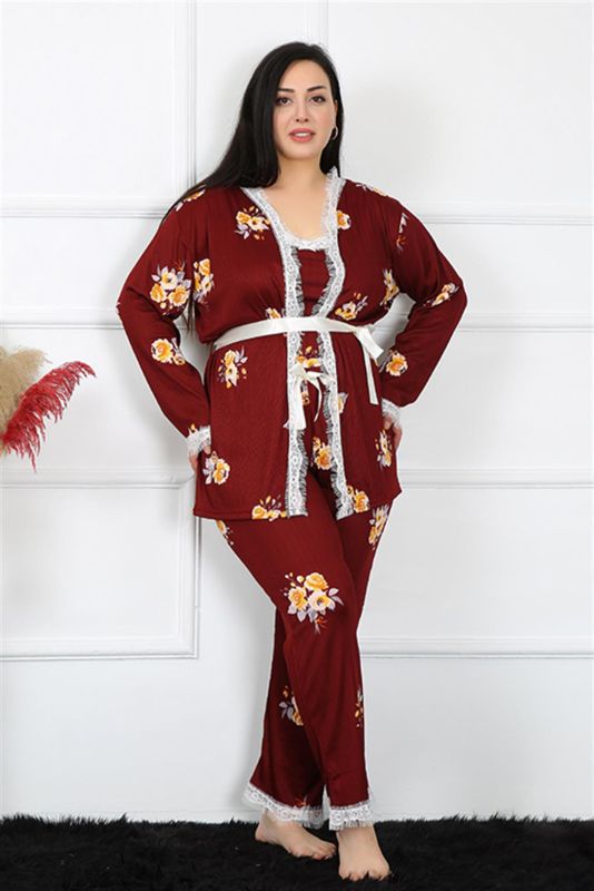 Moda Çizgi Kadın Büyük Beden Çiçekli 3'lü Sabahlık Takım 7720 - 3