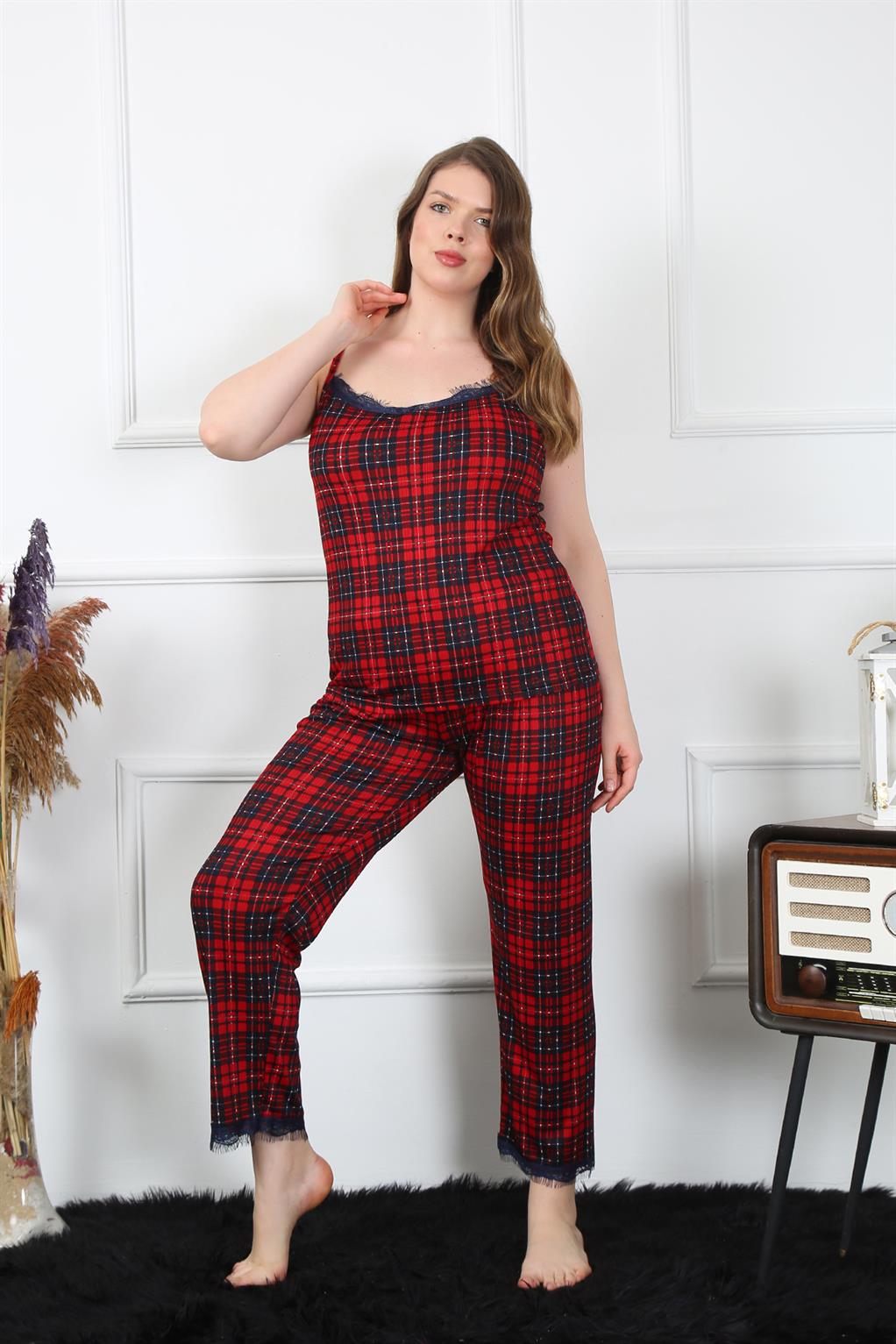 Moda Çizgi Kadın Büyük Beden Kırmızı Ekoseli İp Askılı Pijama Takım 202197 - 2XL | Kırmızı