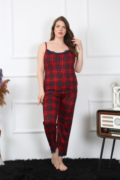 Moda Çizgi Kadın Büyük Beden Kırmızı Ekoseli İp Askılı Pijama Takım 202197 - Thumbnail