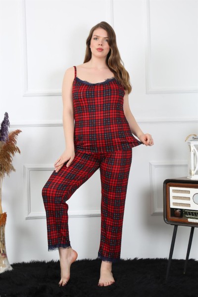 Moda Çizgi Kadın Büyük Beden Kırmızı Ekoseli İp Askılı Pijama Takım 202197 - Thumbnail