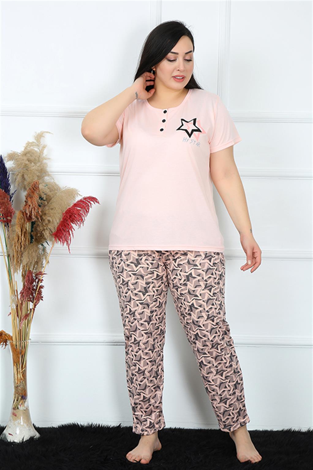 Moda Çizgi Kadın Büyük Beden Kısa Kol Pijama Takım 202187 - 2XL | Pudra