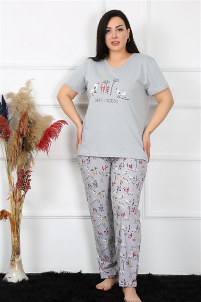 Moda Çizgi Kadın Büyük Beden Kısa Kol Pijama Takım 202189 - Thumbnail