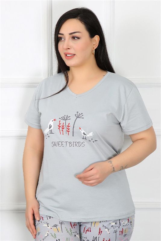 Moda Çizgi Kadın Büyük Beden Kısa Kol Pijama Takım 202189 - 2