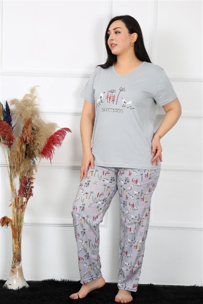 Moda Çizgi Kadın Büyük Beden Kısa Kol Pijama Takım 202189 - Thumbnail