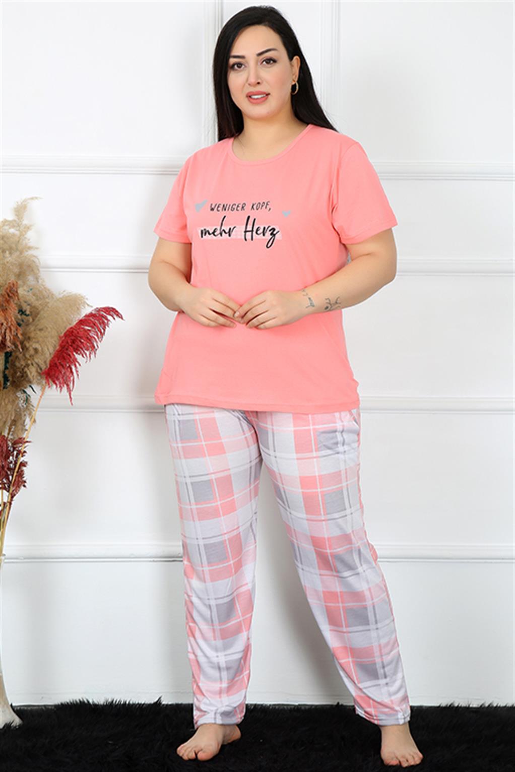 Moda Çizgi Kadın Büyük Beden Kısa Kol Pijama Takım 202190 - 2XL | Somon