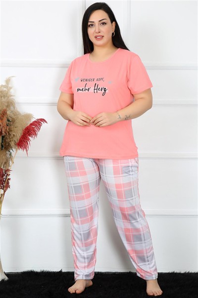 Moda Çizgi Kadın Büyük Beden Kısa Kol Pijama Takım 202190 - Thumbnail