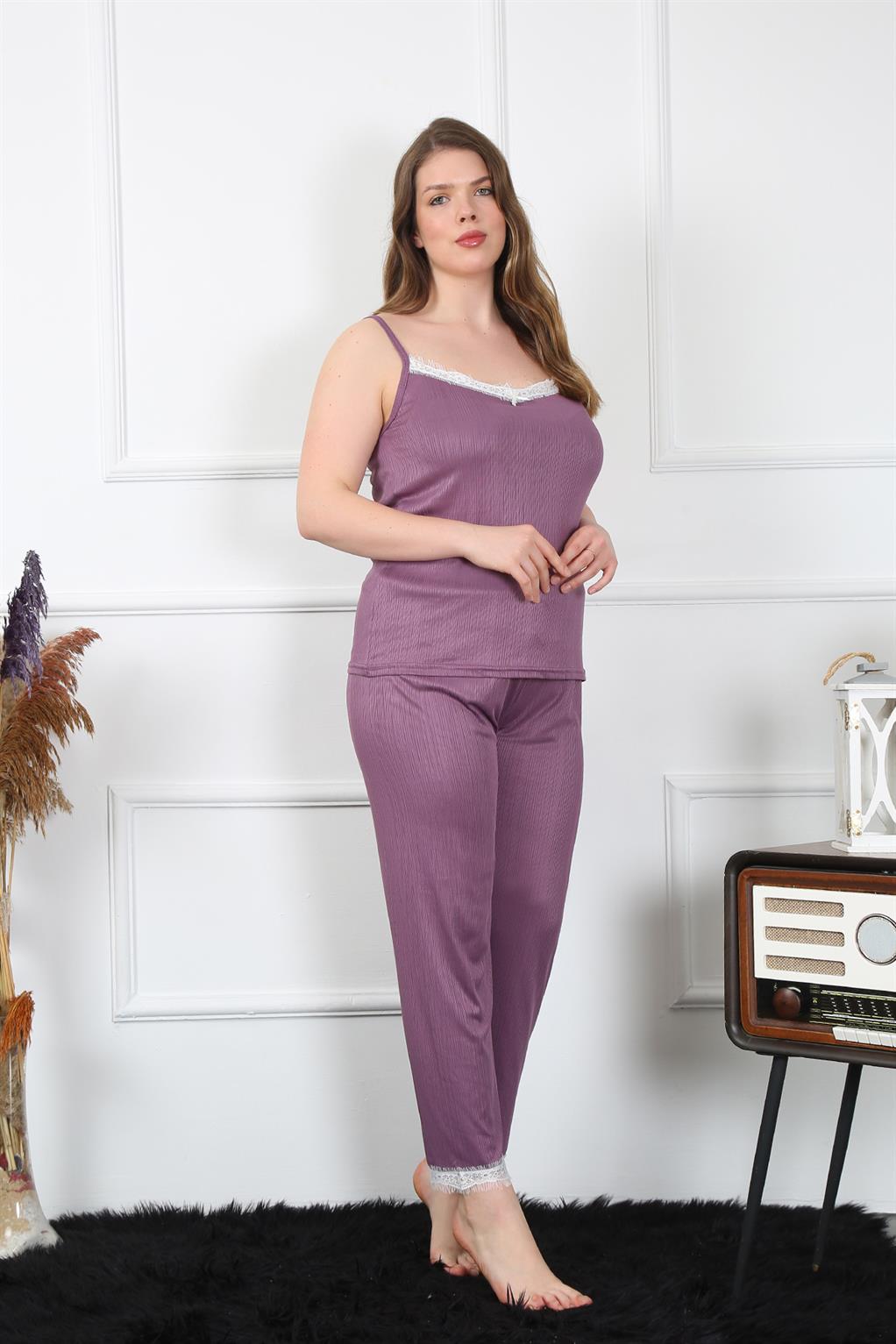 Moda Çizgi Kadın Büyük Beden Mürdüm İp Askılı Pijama Takım 202195 - 2XL | Mürdüm