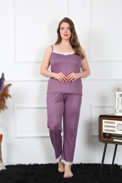 Moda Çizgi Kadın Büyük Beden Mürdüm İp Askılı Pijama Takım 202195 - Thumbnail
