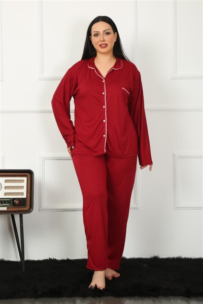 Moda Çizgi - Moda Çizgi Kadın Büyük Beden Önden Düğmeli Bordo Pijama Takım 202185