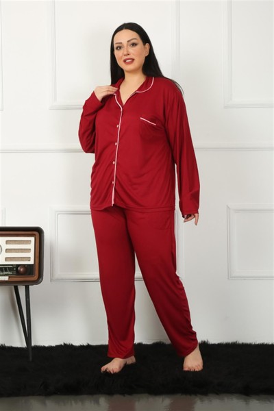 Moda Çizgi Kadın Büyük Beden Önden Düğmeli Bordo Pijama Takım 202185 - Thumbnail