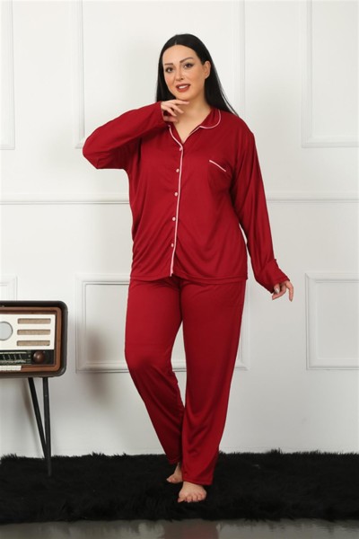 Moda Çizgi Kadın Büyük Beden Önden Düğmeli Bordo Pijama Takım 202185 - Thumbnail