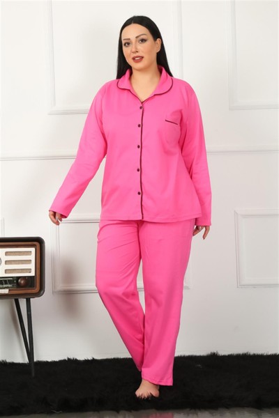 Moda Çizgi Kadın Büyük Beden Önden Düğmeli Fuşya Pijama Takım 202185 - Thumbnail