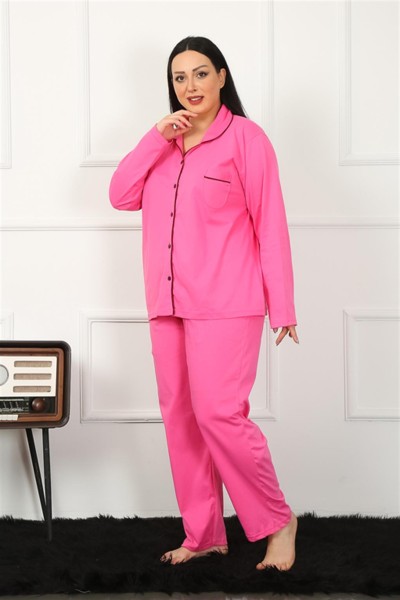 Moda Çizgi Kadın Büyük Beden Önden Düğmeli Fuşya Pijama Takım 202185 - Thumbnail