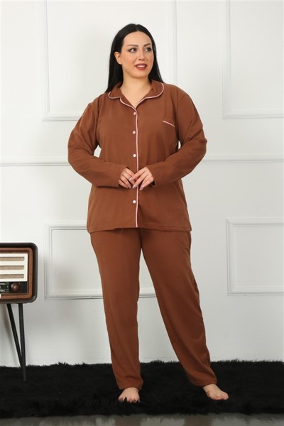Moda Çizgi - Moda Çizgi Kadın Büyük Beden Önden Düğmeli Kahve Pijama Takım 202185