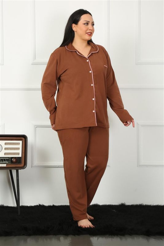 Moda Çizgi Kadın Büyük Beden Önden Düğmeli Kahve Pijama Takım 202185 - 3