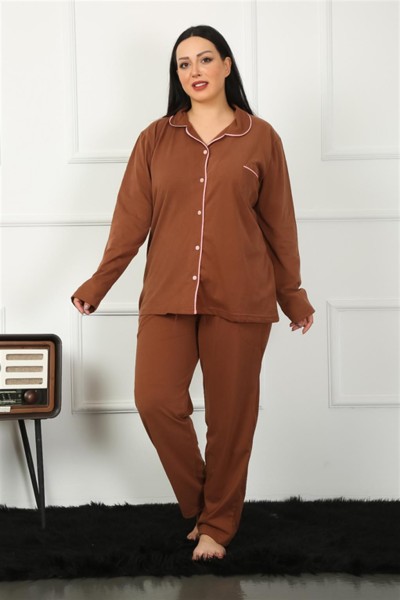 Moda Çizgi Kadın Büyük Beden Önden Düğmeli Kahve Pijama Takım 202185 - Thumbnail
