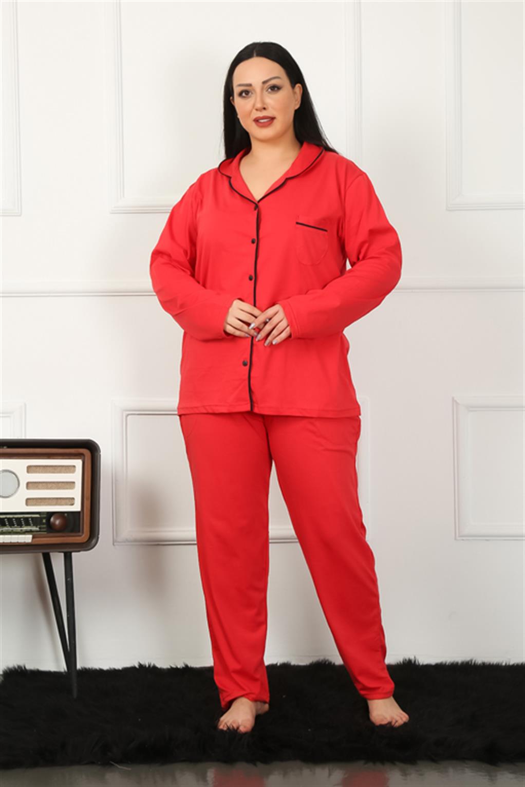 Moda Çizgi Kadın Büyük Beden Önden Düğmeli Kırmızı Pijama Takım 202185 - 3XL | Kırmızı