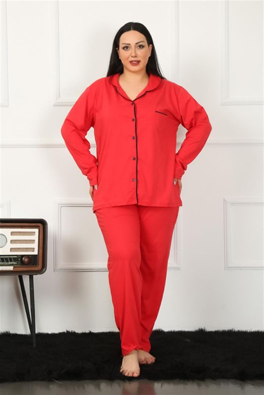 Moda Çizgi Kadın Büyük Beden Önden Düğmeli Kırmızı Pijama Takım 202185 - 2