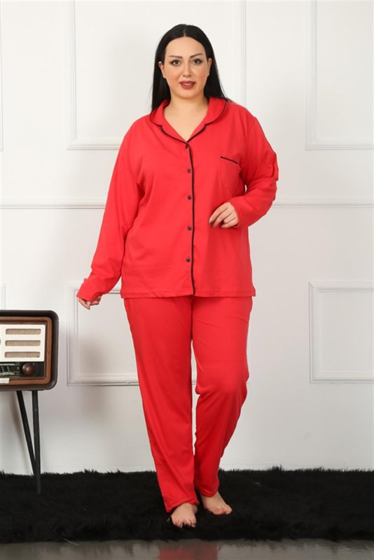 Moda Çizgi Kadın Büyük Beden Önden Düğmeli Kırmızı Pijama Takım 202185 - 3