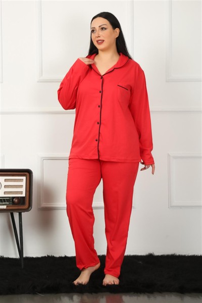 Moda Çizgi Kadın Büyük Beden Önden Düğmeli Kırmızı Pijama Takım 202185 - Thumbnail