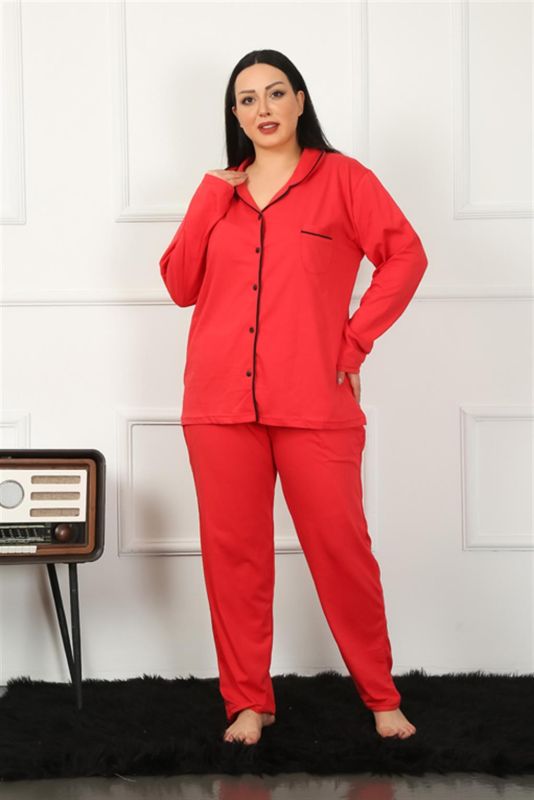 Moda Çizgi Kadın Büyük Beden Önden Düğmeli Kırmızı Pijama Takım 202185 - 5