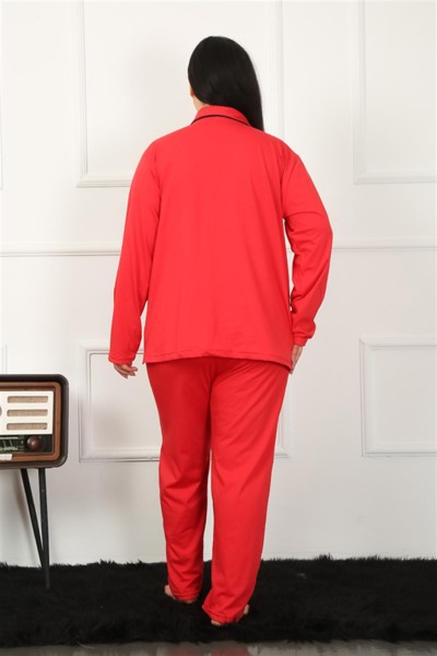 Moda Çizgi Kadın Büyük Beden Önden Düğmeli Kırmızı Pijama Takım 202185 - Thumbnail