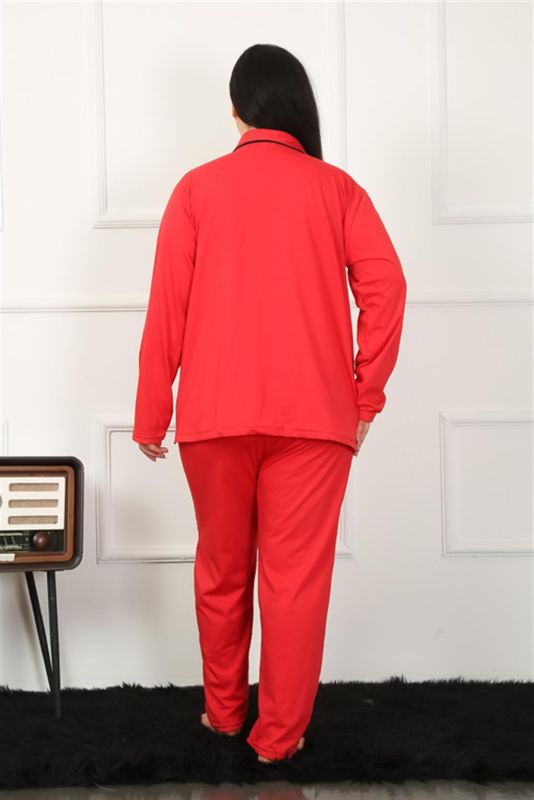 Moda Çizgi Kadın Büyük Beden Önden Düğmeli Kırmızı Pijama Takım 202185 - 6