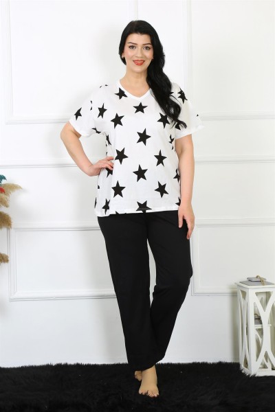 Moda Çizgi Kadın Büyük Beden Penye Beyaz Kısa Kol Pijama Takım 202206 - Thumbnail