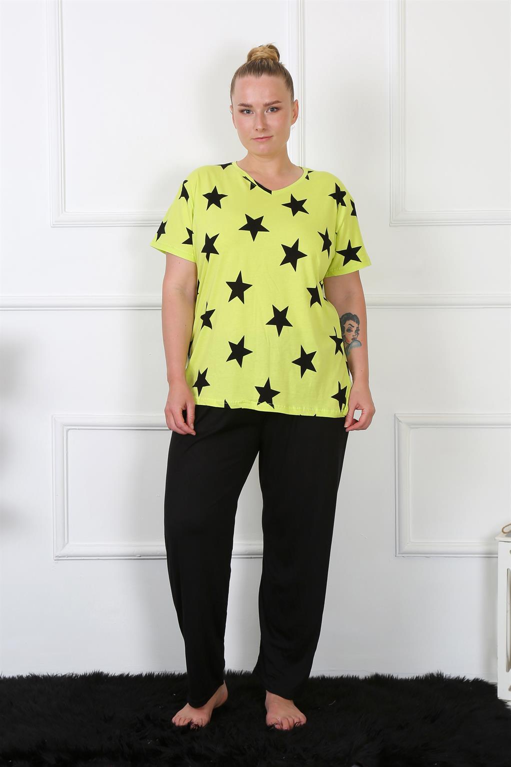 Moda Çizgi Kadın Büyük Beden Penye Neon Yeşili Kısa Kol Pijama Takım 202206 - 5XL | Yeşil Neon