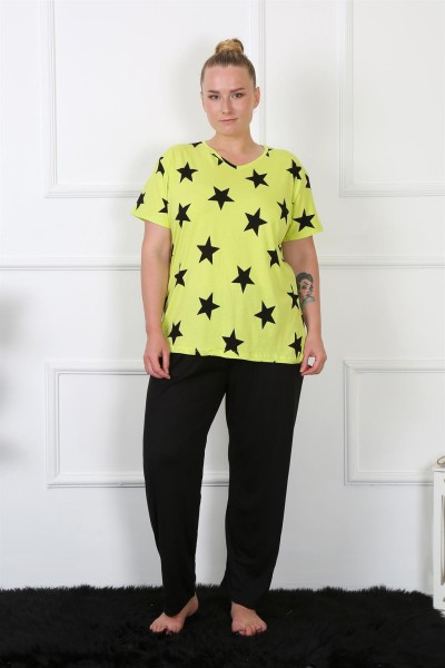 Moda Çizgi - Moda Çizgi Kadın Büyük Beden Penye Neon Yeşili Kısa Kol Pijama Takım 202206