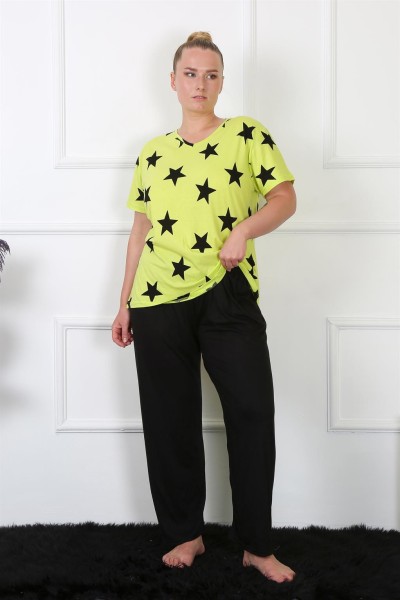 Moda Çizgi Kadın Büyük Beden Penye Neon Yeşili Kısa Kol Pijama Takım 202206 - Thumbnail
