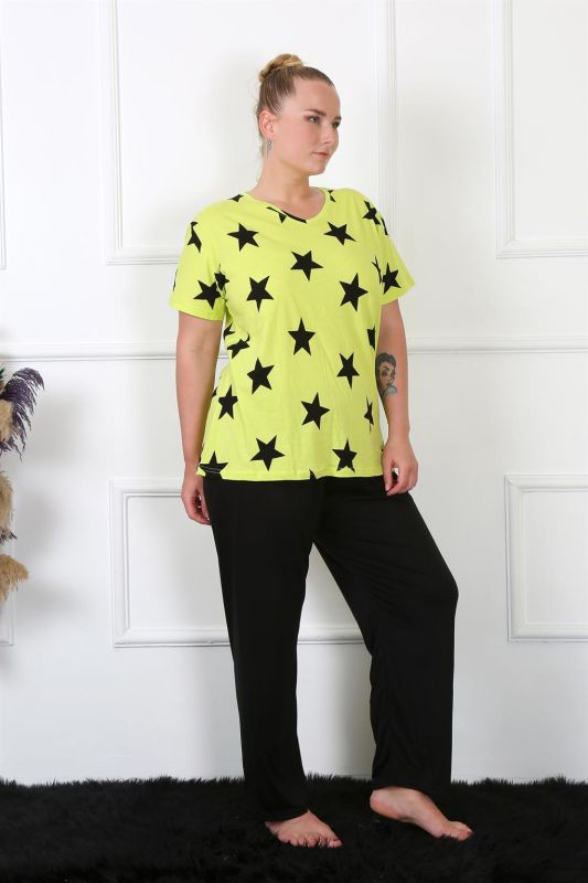 Moda Çizgi Kadın Büyük Beden Penye Neon Yeşili Kısa Kol Pijama Takım 202206 - 3