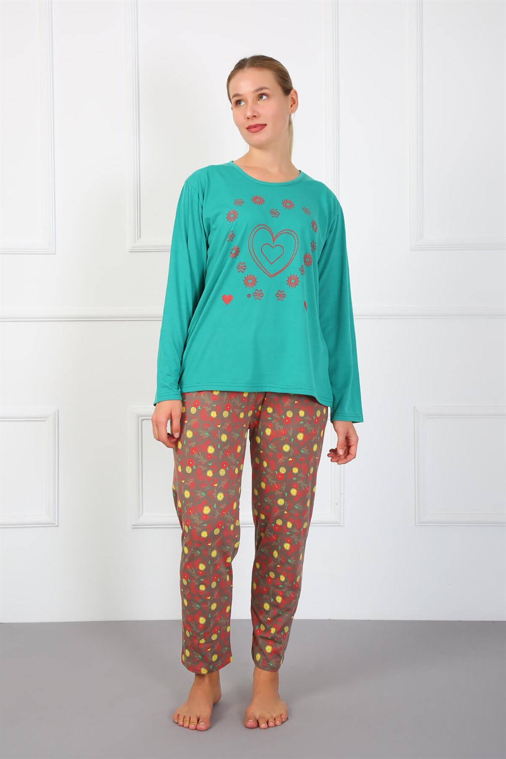 Moda Çizgi Kadın Büyük Beden Penye Pijama Takım 202180 - 5XL | Yeşil