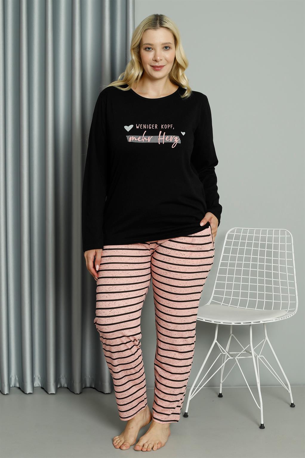 Moda Çizgi Kadın Büyük Beden Penye Uzun Kol Pijama Takım 202210 - 6XL | Siyah