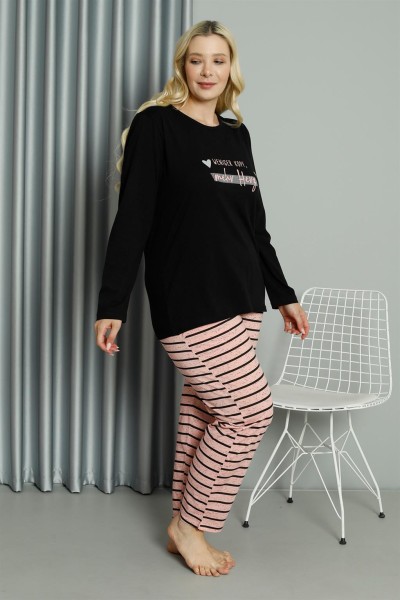 Moda Çizgi Kadın Büyük Beden Penye Uzun Kol Pijama Takım 202210 - Thumbnail