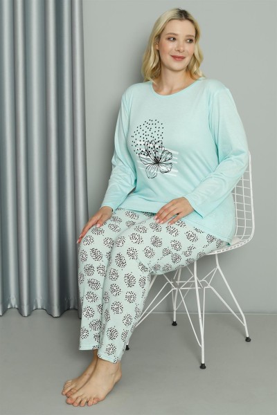 Moda Çizgi Kadın Büyük Beden Penye Uzun Kol Pijama Takım 202211 - Thumbnail