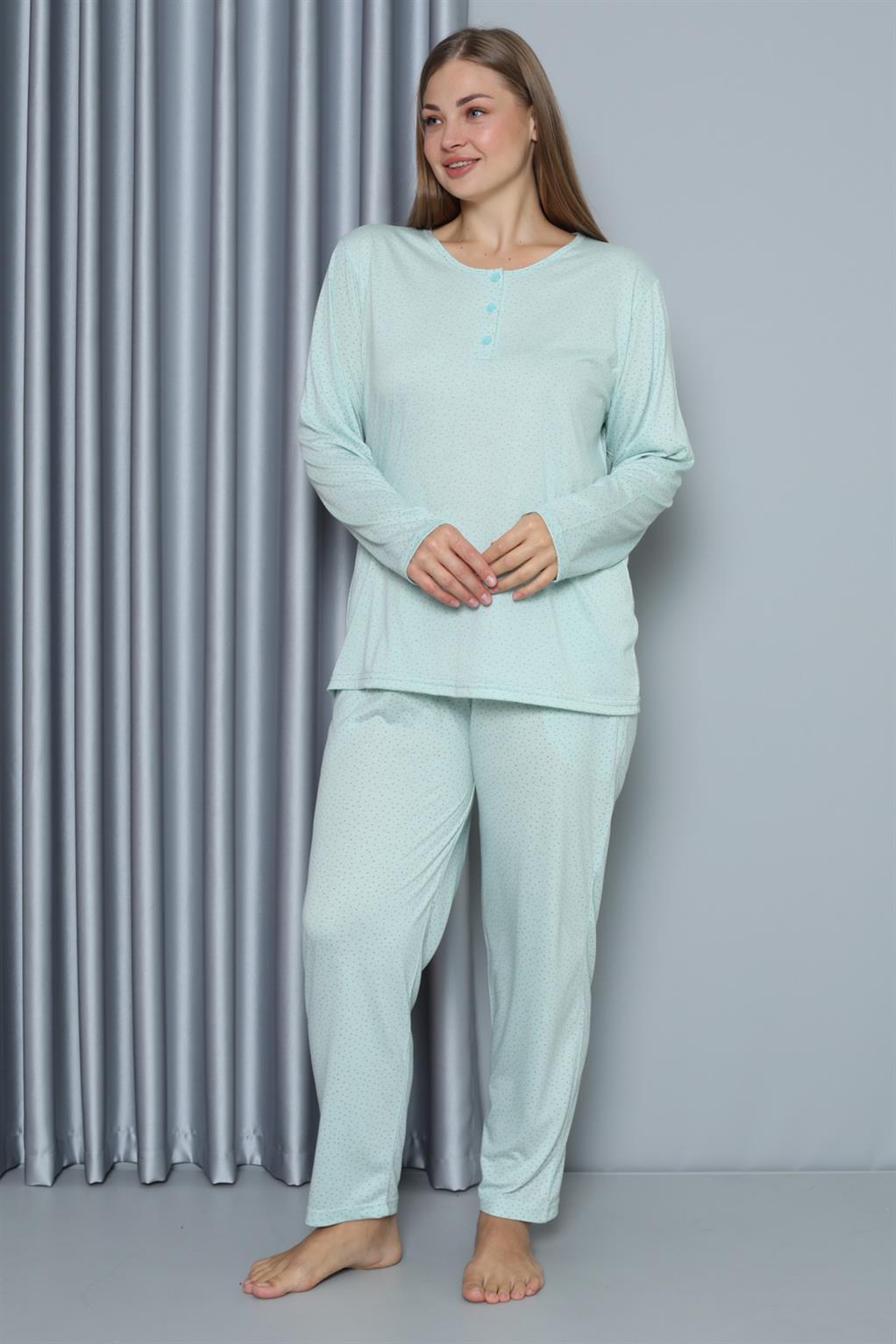 Moda Çizgi Kadın Büyük Beden Penye Uzun Kol Pijama Takım 202212 - 6XL | Su Yeşili