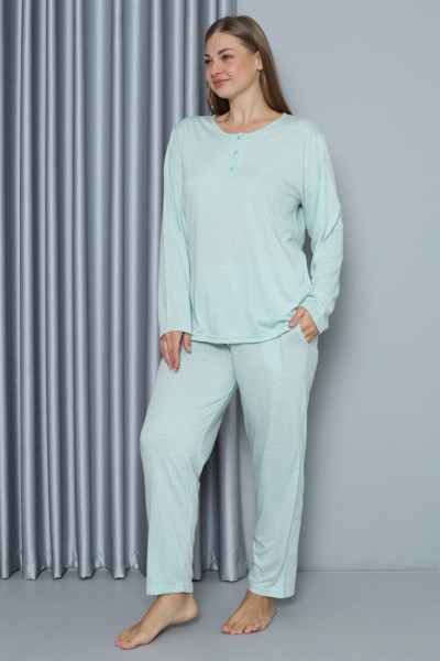 Moda Çizgi Kadın Büyük Beden Penye Uzun Kol Pijama Takım 202212 - Thumbnail